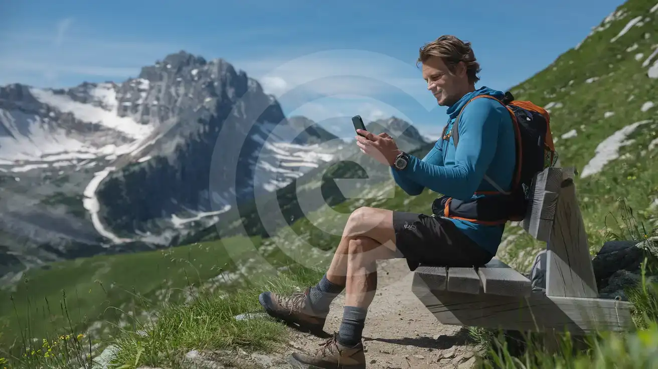 Hiker checking phone messages on an alpine trail in Austria with mountain peaks in background
