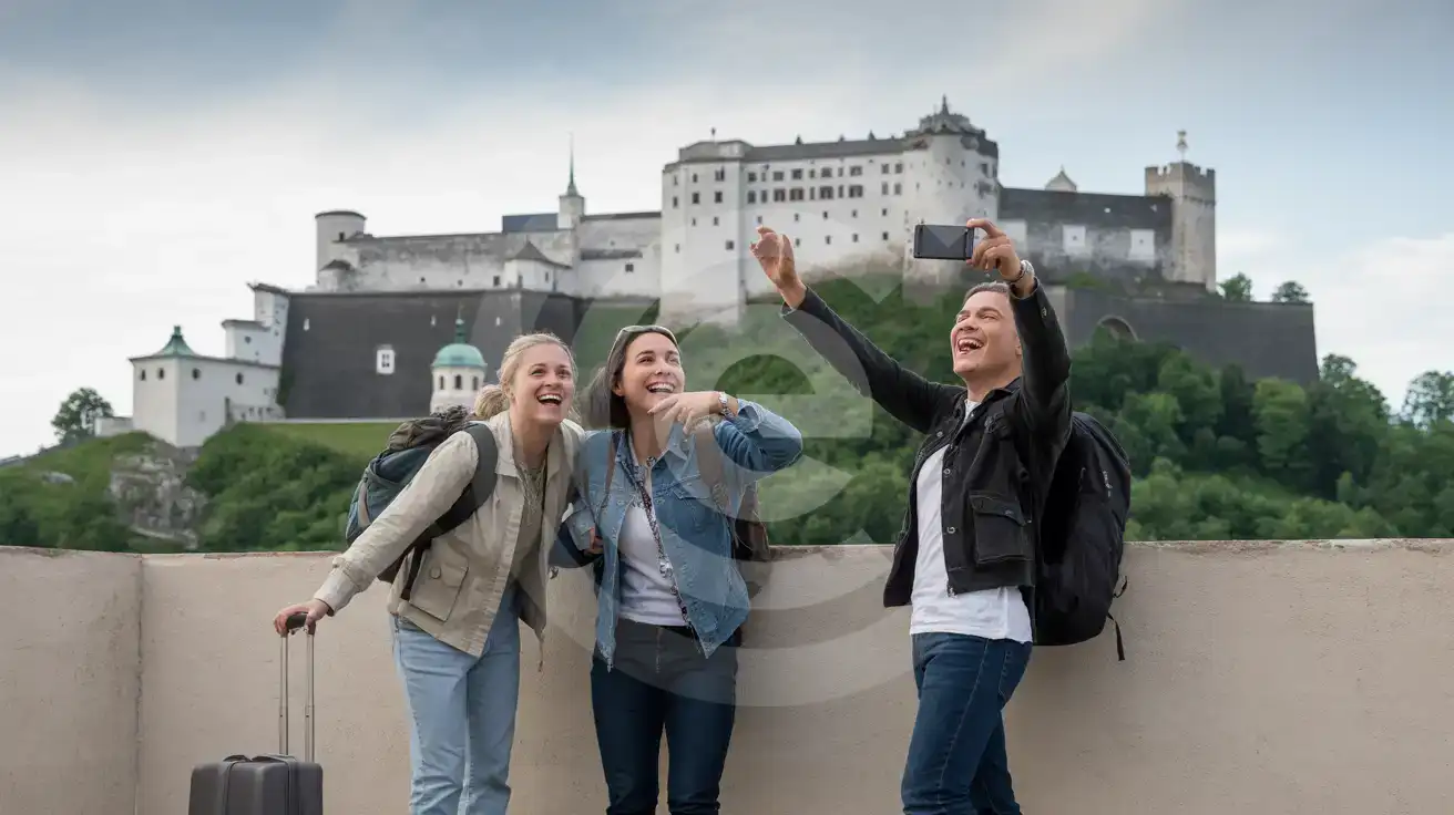 Three friends photographing Hohensalzburg Fortress from a Salzburg vantage point