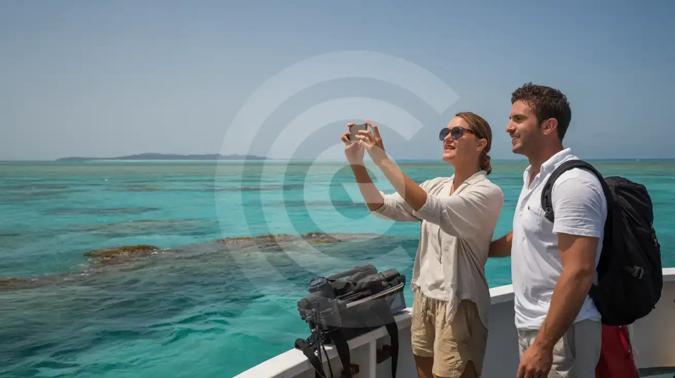 Couple photographing the Great Barrier Reef from a tour boat near Cairns, turquoise waters and Queensland coastline visible