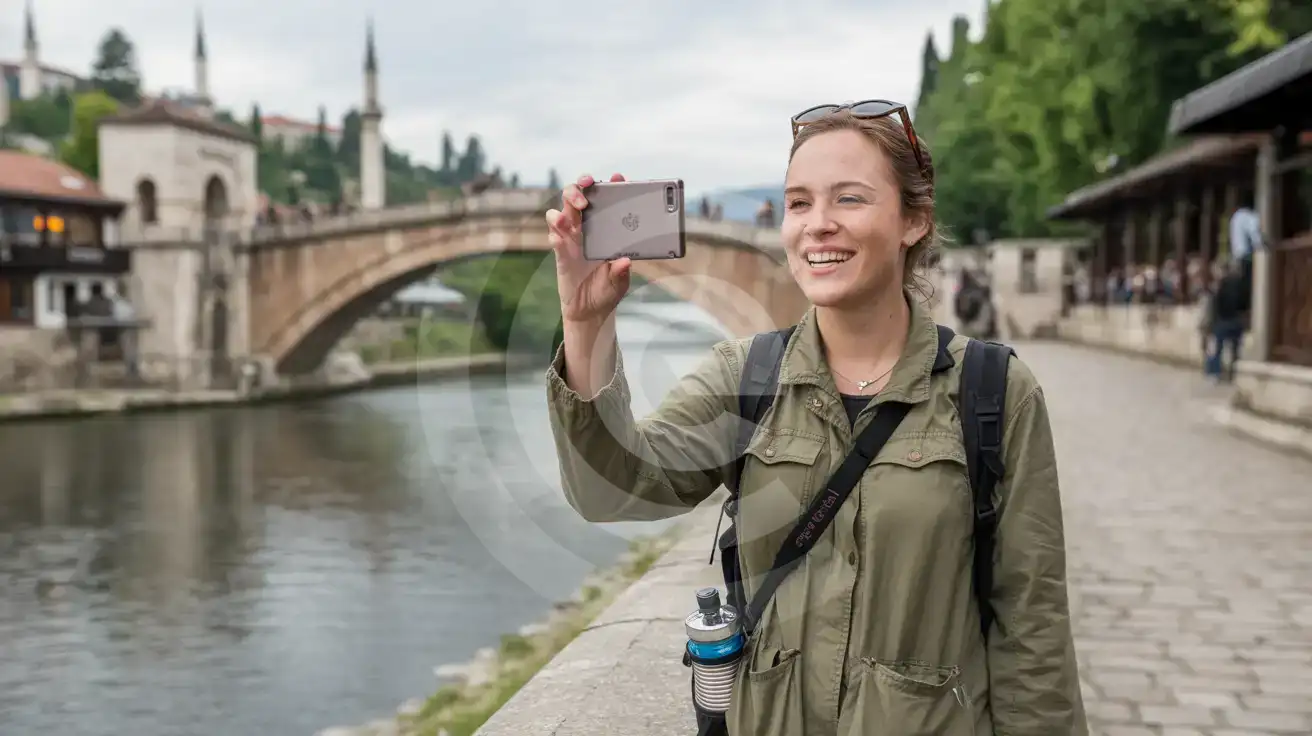 Mujer viajera sola fotografiando el río Miljacka desde el histórico Puente Latino en Sarajevo, Bosnia y Herzegovina, con edificios otomanos a orillas del río al fondo