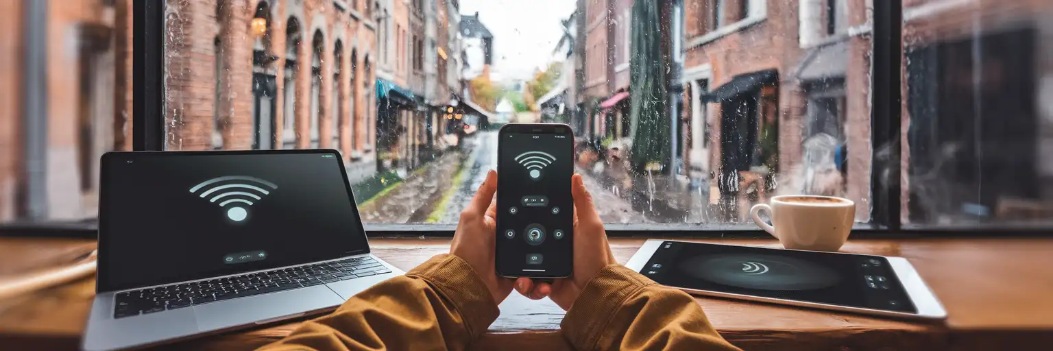 Podróżnik udostępniający hotspot z telefonu na laptopa i tablet w belgijskiej kawiarni z widokiem na deszczową ulicę przez okno