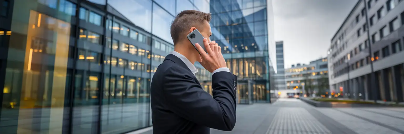 Business traveller making a phone call outside a modern office building in Brussels business district