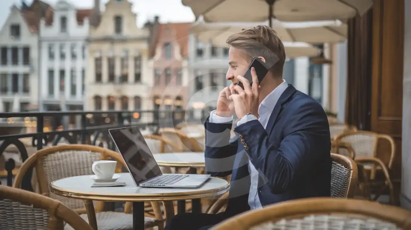 Business traveller with phone and laptop at a Belgian café terrace