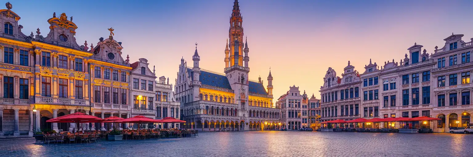 The Grand Place in Brussels at golden hour with ornate guildhall facades and the Gothic Town Hall spire