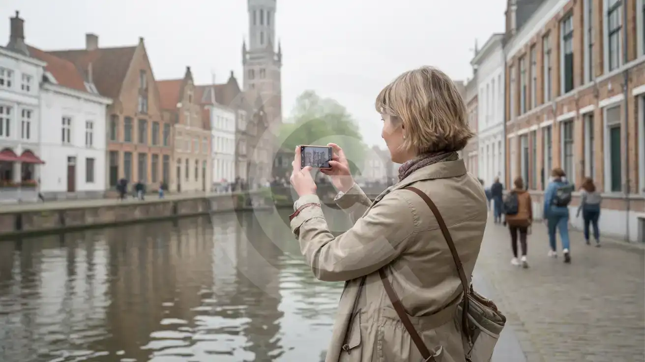 Solo female traveler photographing the Rozenhoedkaai canal view in Bruges with medieval brick buildings and the Belfry tower in the background