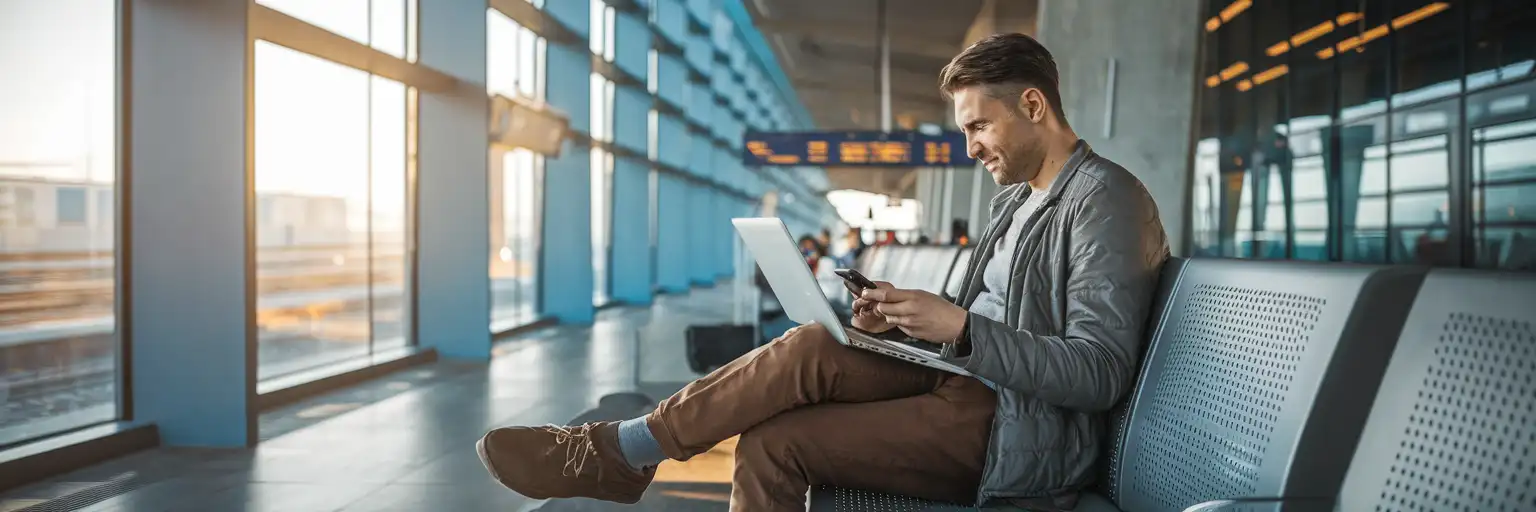 Viajero usando el hotspot del teléfono conectado a una laptop en la sala de espera de una estación de tren en Bulgaria durante la madrugada