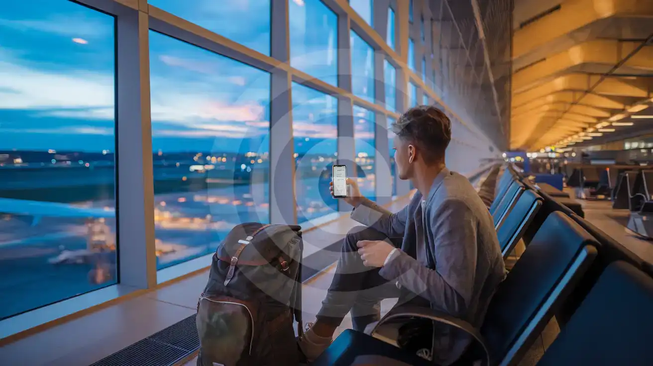 Viajero consultando mapas en su smartphone durante una escala en el aeropuerto de Bulgaria al atardecer