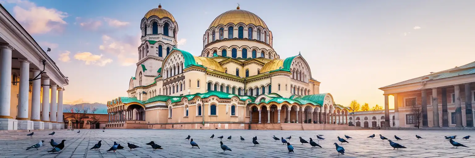 Alexander Nevsky Cathedral in Sofia with golden domes at golden hour and Vitosha Mountain in the background