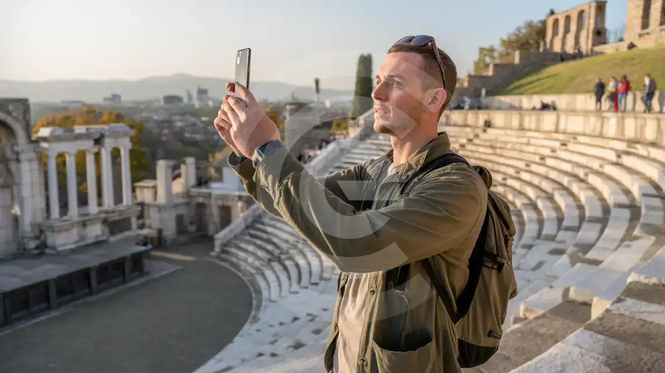 Solo male traveler photographing the ancient Plovdiv Roman Theatre with smartphone, city skyline visible beyond the stone amphitheater
