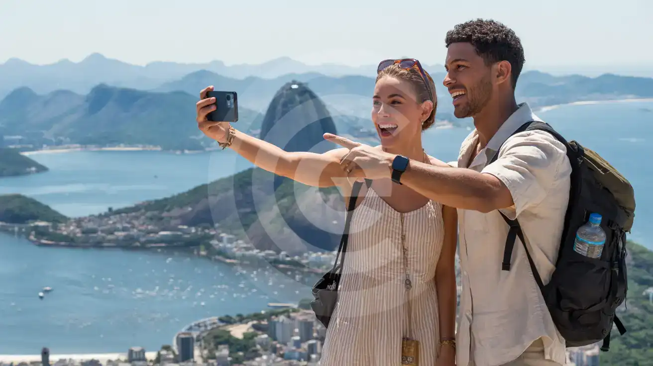 A couple photographing Sugarloaf Mountain from the Urca Hill observation platform in Rio de Janeiro with the cable car and Guanabara Bay visible