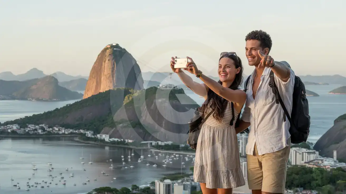 Cuplu mixt fotografiind Muntele Sugarloaf de pe platforma de observație Urca Hill din Rio de Janeiro