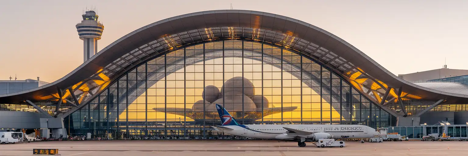 Terminal 1 exterior at Toronto Pearson International Airport during golden hour with aircraft on the apron