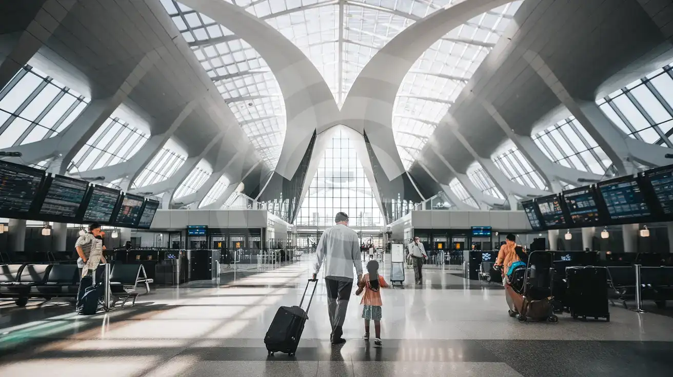 Family walking through Toronto Pearson Terminal 1 atrium with smartphone in hand and the Tilted Spheres sculpture in the background