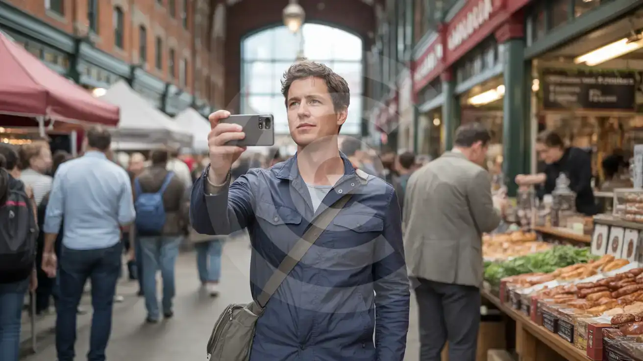 Solo male traveler photographing vendors inside Toronto's historic St. Lawrence Market
