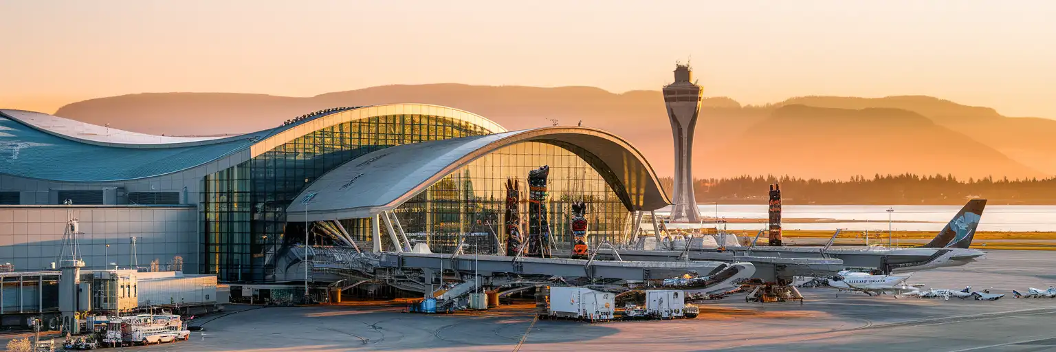 Vancouver International Airport terminal exterior at golden hour with Coast Mountains in the background