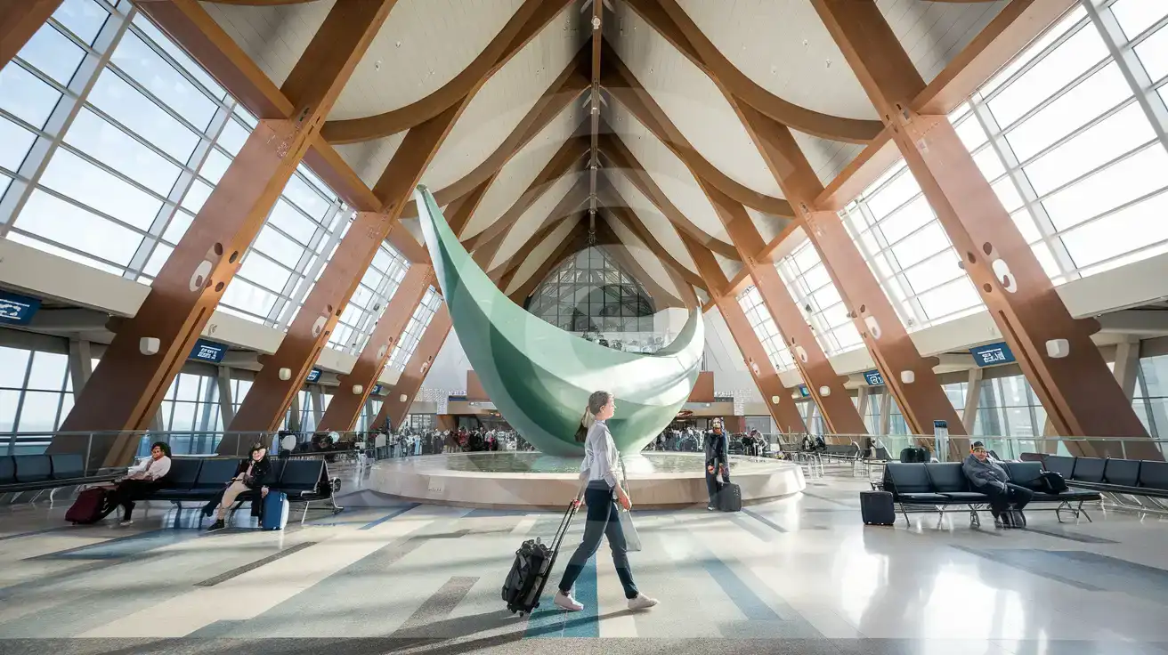 Solo female traveler walking through YVR International Terminal with the Spirit of Haida Gwaii sculpture visible