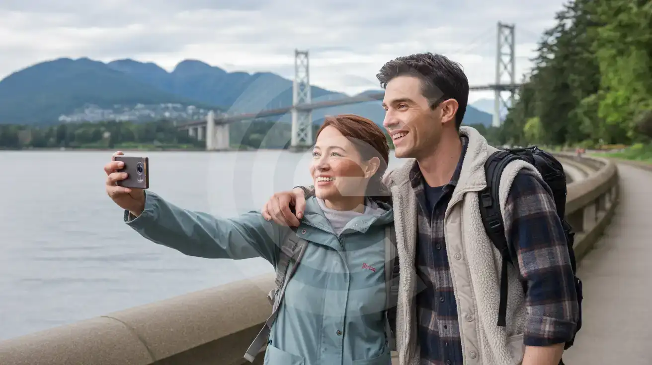 Couple photographing Lions Gate Bridge from Stanley Park seawall in Vancouver