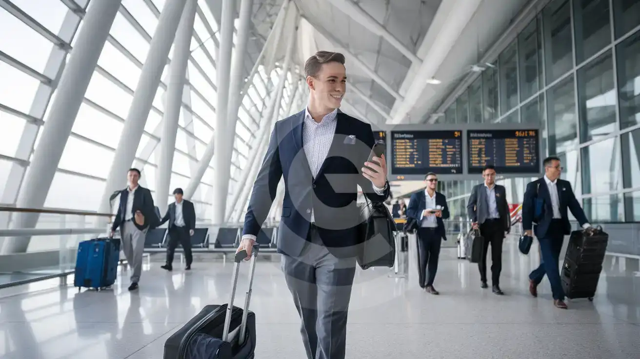 Business traveler walking through the arrivals concourse at Montréal-Pierre Elliott Trudeau International Airport with smartphone in hand
