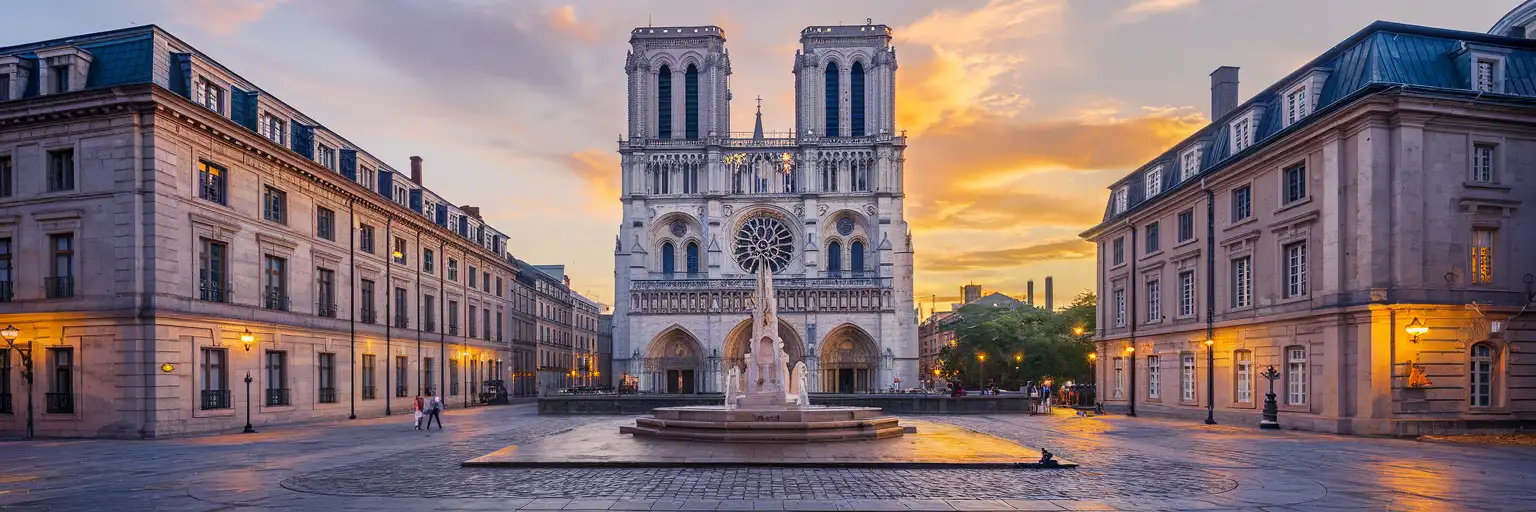 Notre-Dame Basilica of Montreal rising over Place d'Armes square at golden hour with historic Old Montreal buildings surrounding the plaza