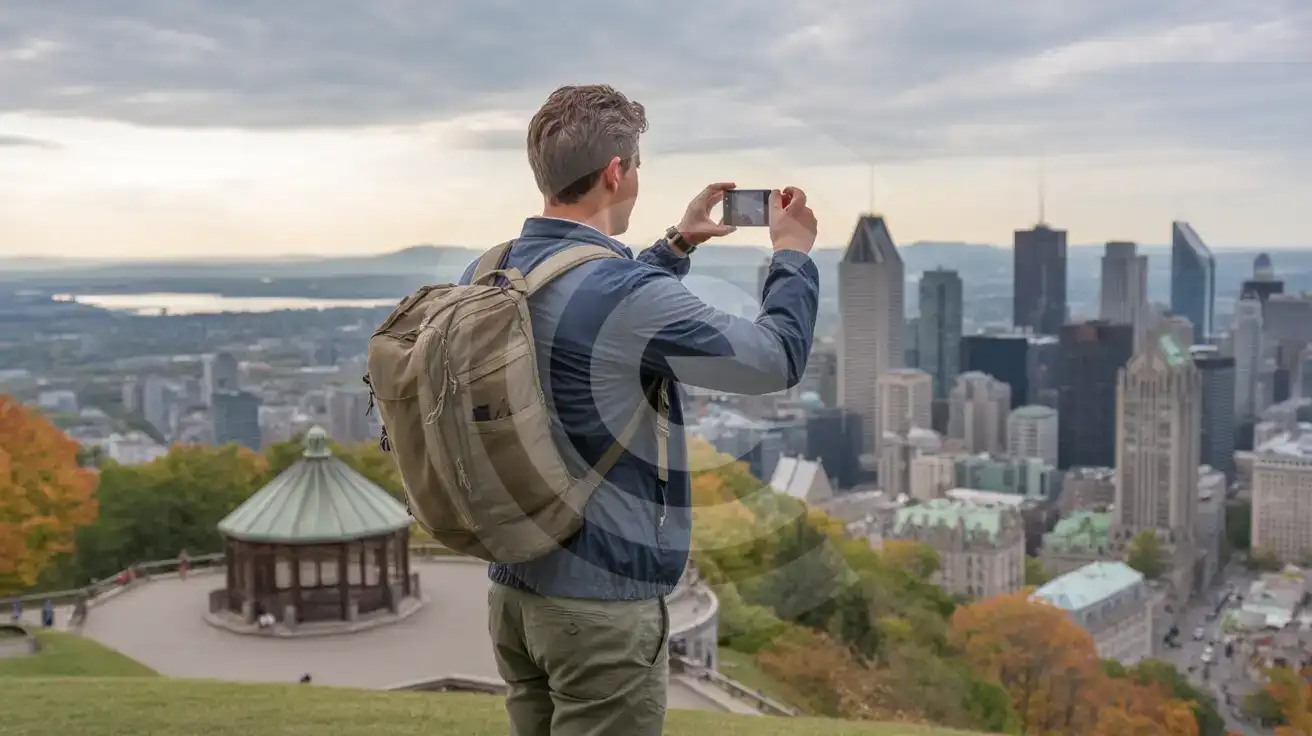 Solo male traveler photographing the downtown Montreal skyline from Mount Royal's Kondiaronk Belvedere lookout on an overcast autumn morning