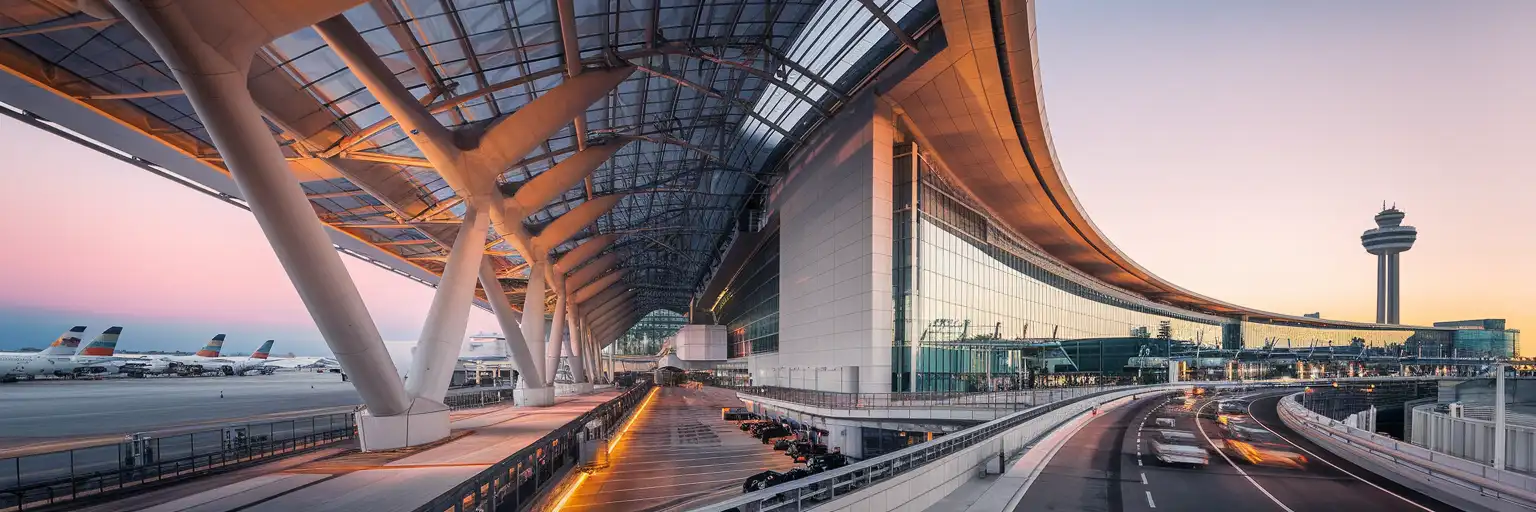 Exteriorul Terminalului 1 la Aeroportul Internațional Toronto Pearson la ora de aur, cu cozi de avioane și turn de control în fundal