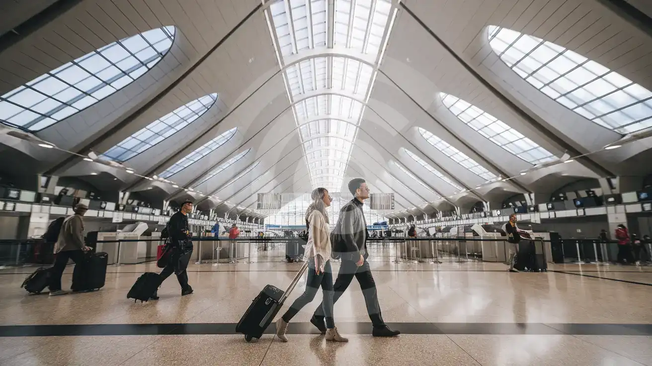 Un cuplu mixt plimbându-se prin impresionanta sală de plecări a Terminalului 1 de la Aeroportul Pearson din Toronto, cu lumină naturală pătrunzând prin acoperișul de sticlă curbat