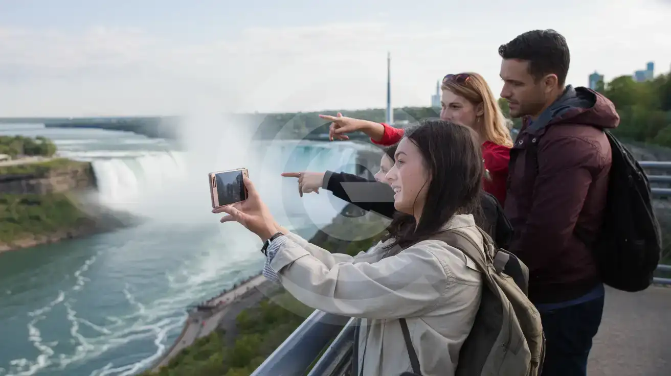 Three friends photographing Horseshoe Falls from Skylon Tower observation deck in Niagara Falls Ontario