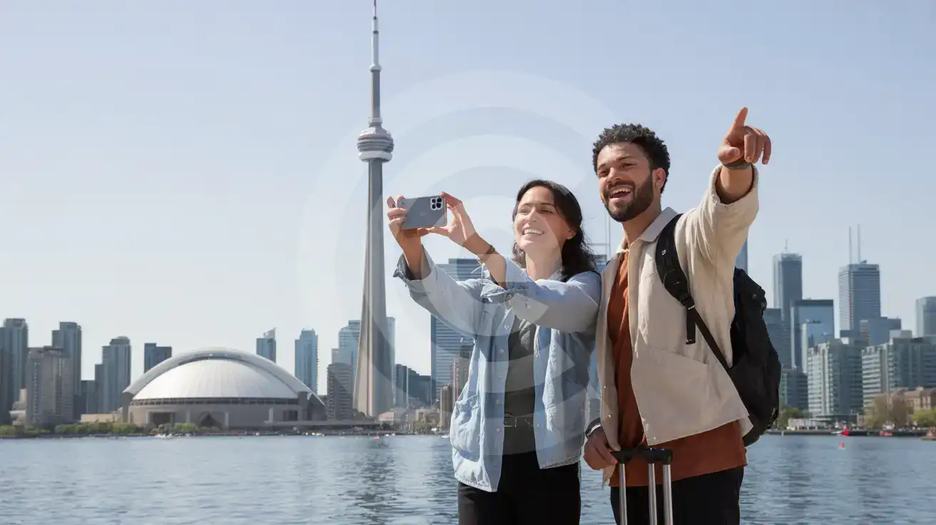 A couple photographing the CN Tower in Toronto on a bright midday with clear sky and Lake Ontario in the background