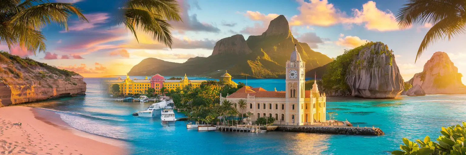 Golden-hour montage featuring Nassau Bahamas waterfront, the Pitons, Bridgetown Parliament, and Virgin Gorda's Baths across Caribbean turquoise waters