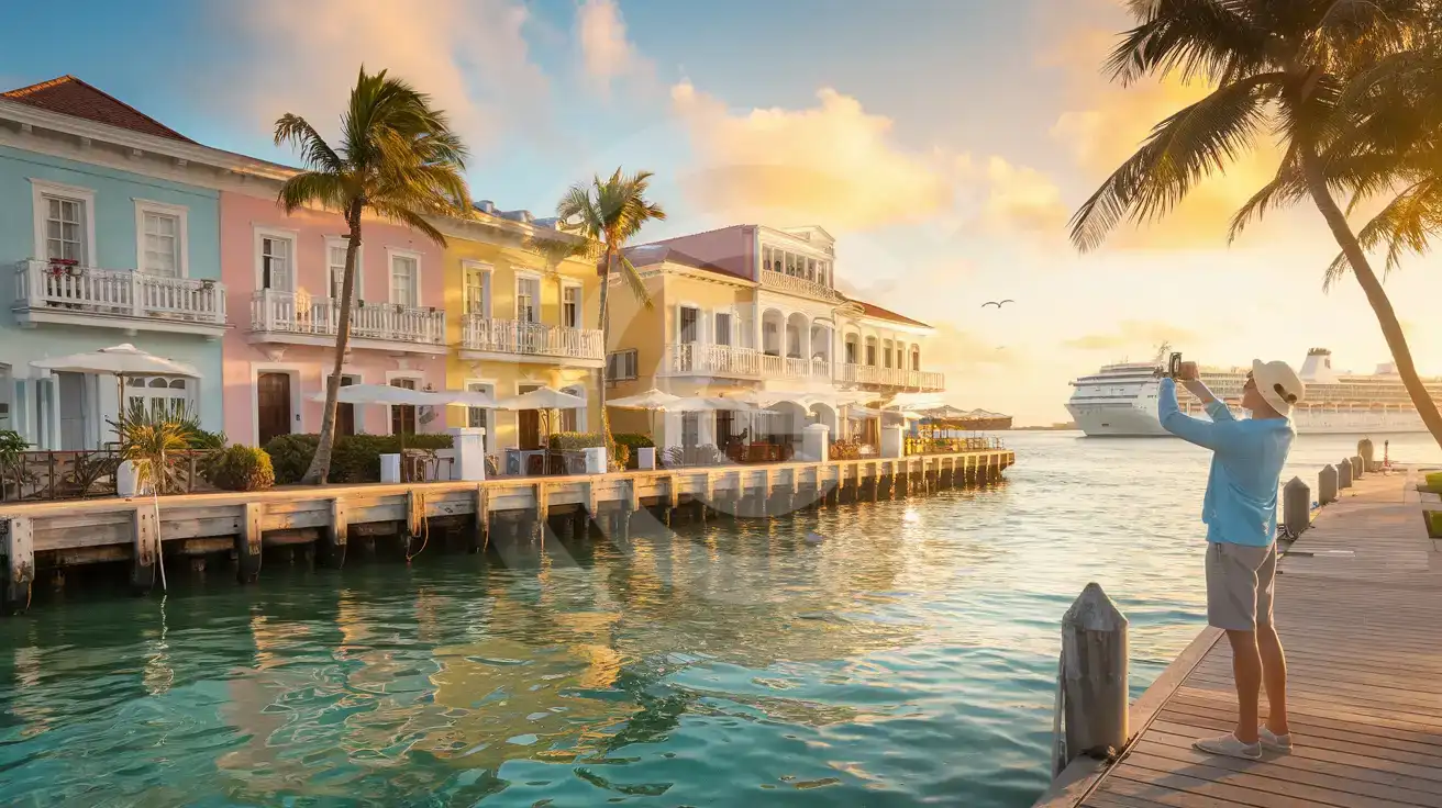 Traveler photographing Nassau Bahamas colorful waterfront at sunset with smartphone