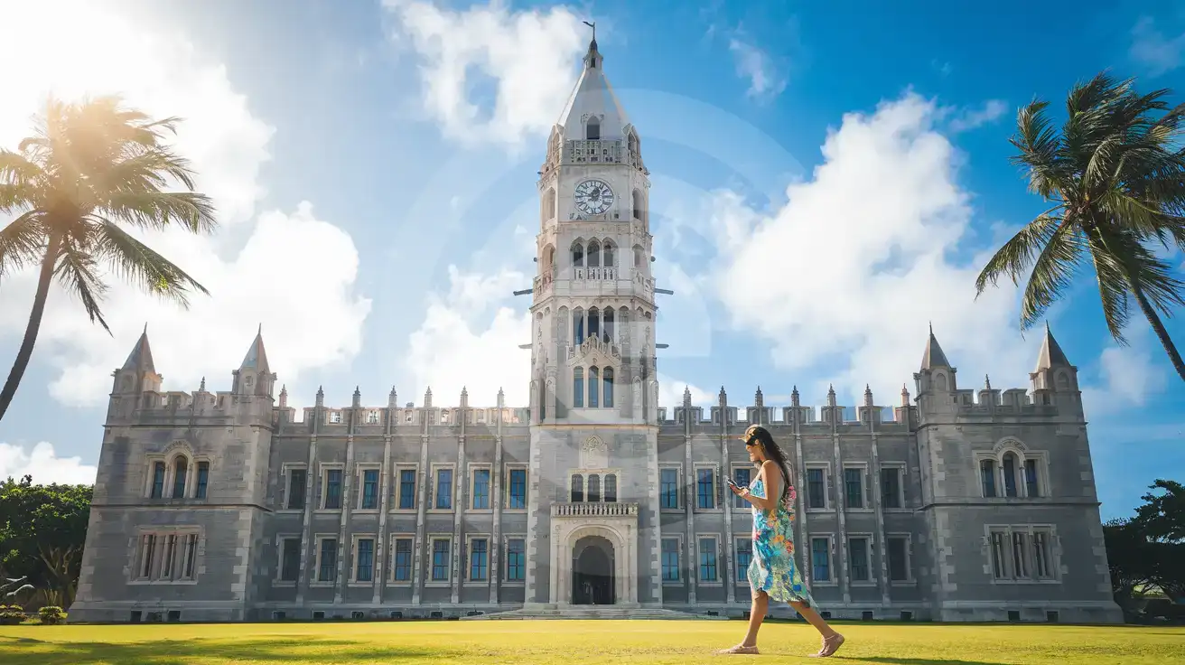 Traveler checking smartphone near Bridgetown Barbados Parliament Building clock tower