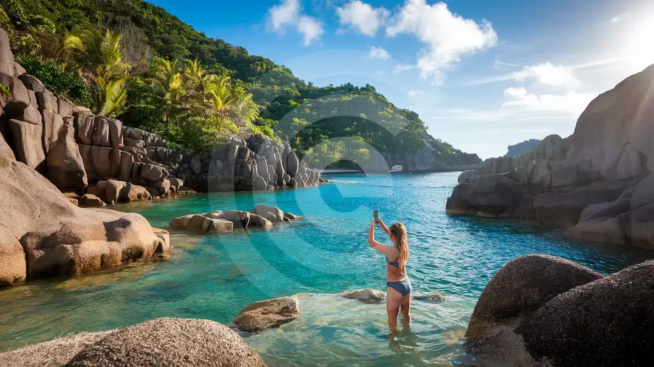 Traveler photographing The Baths granite boulders at Virgin Gorda with smartphone