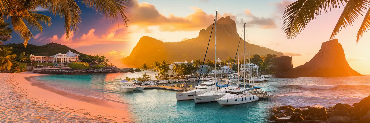 Golden-hour montage of Harbour Island pink beaches, Nelson's Dockyard Antigua, Bathsheba rocks Barbados, and The Baths Virgin Gorda