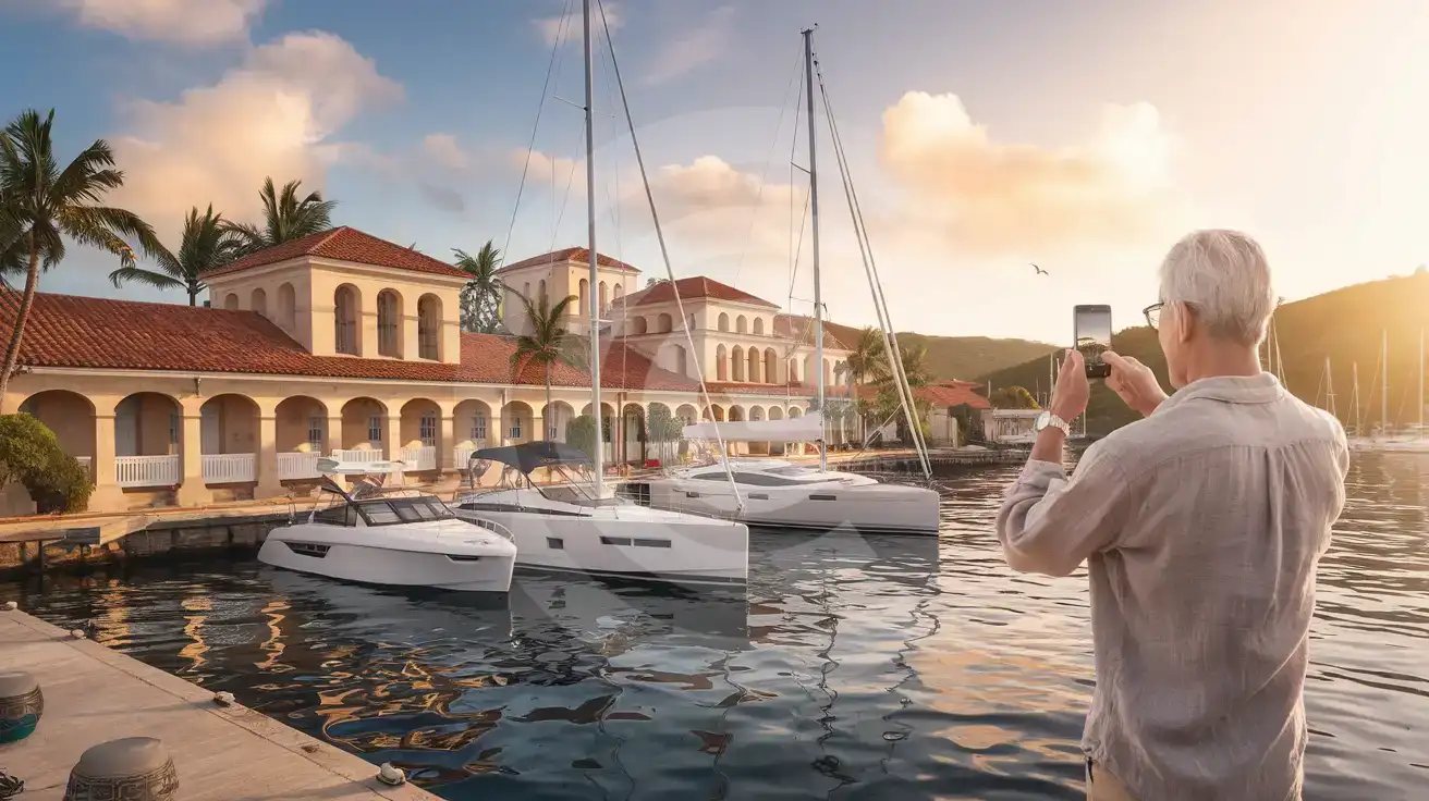 Traveler at Nelson's Dockyard English Harbour Antigua checking smartphone