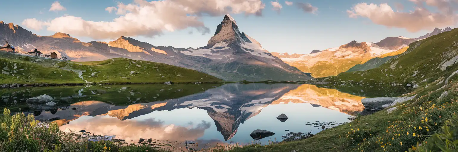 The Matterhorn mountain peak reflected in Riffelsee lake at golden hour with the Swiss Alps stretching across the horizon