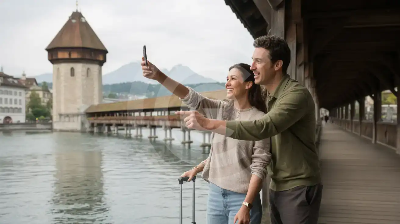 A couple photographing the Chapel Bridge Water Tower in Lucerne with smartphone in hand