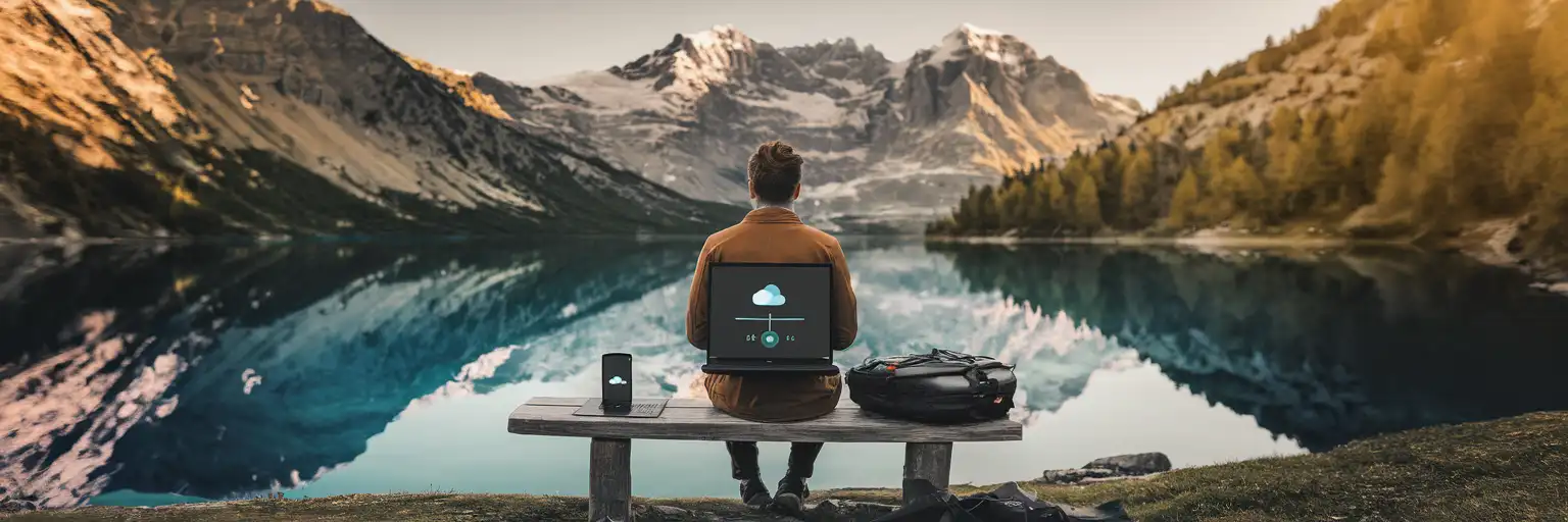 Călător încărcând fișiere de pe laptop prin hotspot de pe telefon lângă un lac alpin elvețian cu reflecții montane