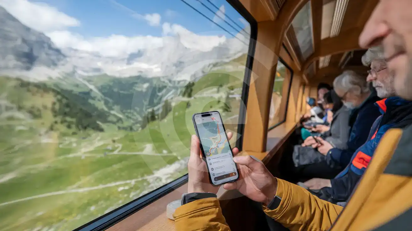 Călător folosind smartphone-ul pentru navigare într-un tren pitoresc de munte din Elveția