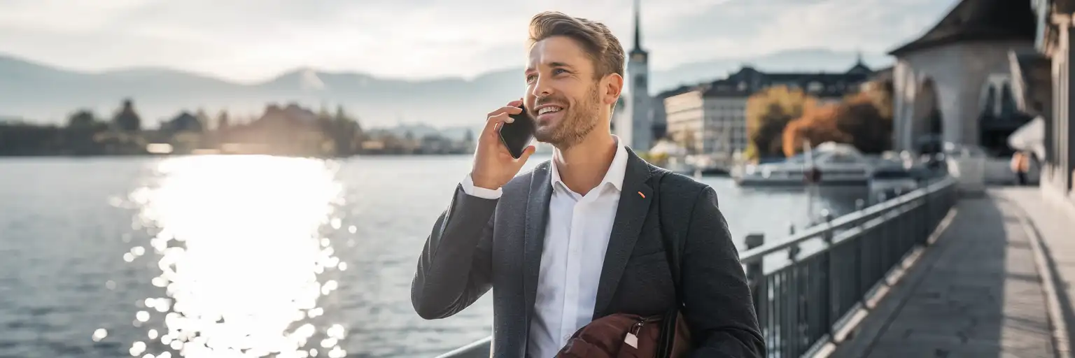 Călător efectuând un apel telefonic pe promenada lacului din Zurich cu Alpii Elvețieni în fundal