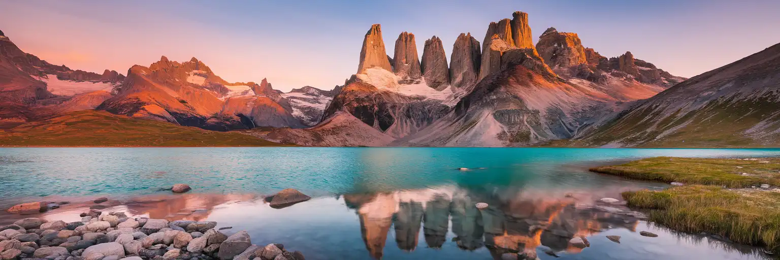 Torres del Paine granite towers reflected in Lake Pehoé at golden hour in Chilean Patagonia