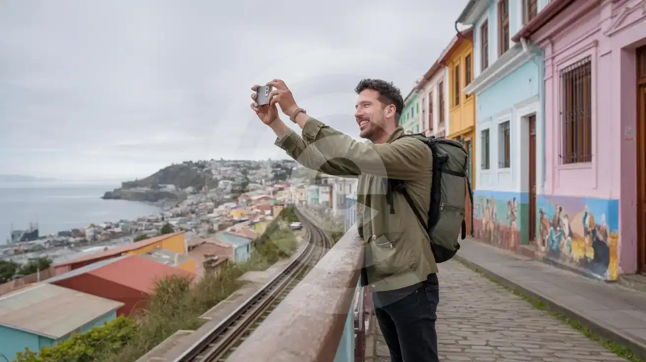 Solo male traveler photographing colorful hillside houses in Valparaíso Chile with smartphone