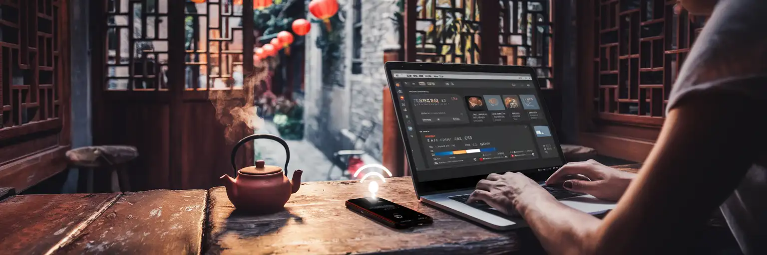 Geleneksel bir Çin çay evinde dizüstü bilgisayar için akıllı telefonunu hotspot olarak kullanan içerik üreticisi, kapıdan görünen kırmızı fenerlerle dosya yüklüyor