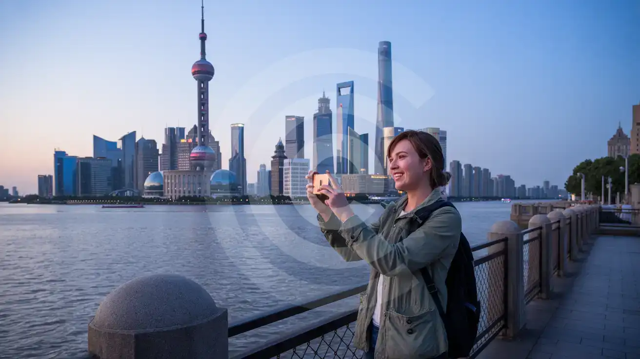 Solo female traveler photographing the illuminated Pudong skyline from Shanghai's Bund waterfront at blue hour