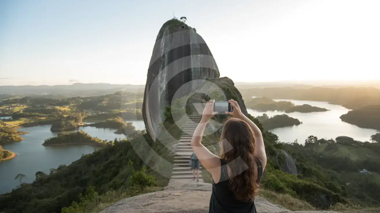 Reiziger die het uitzicht op het Guatapé-reservoir filmt vanaf de trap van Piedra del Peñol in Colombia