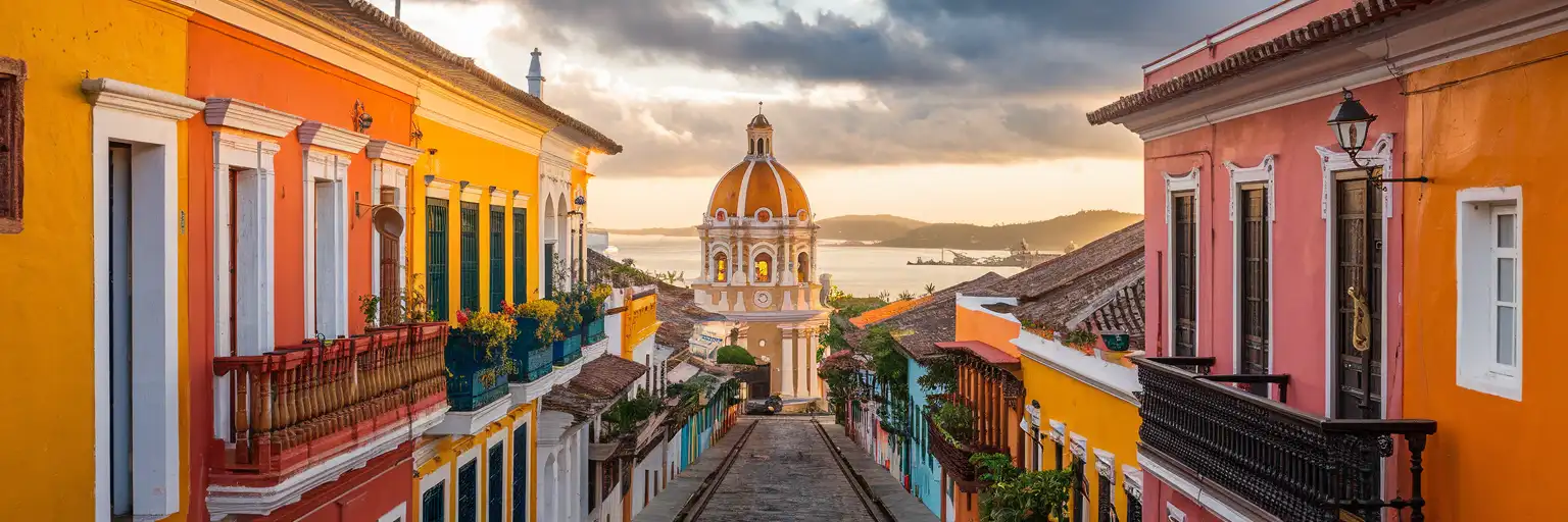 Colonial architecture and colorful facades of Cartagena's walled old town at golden hour with the Caribbean Sea in the background