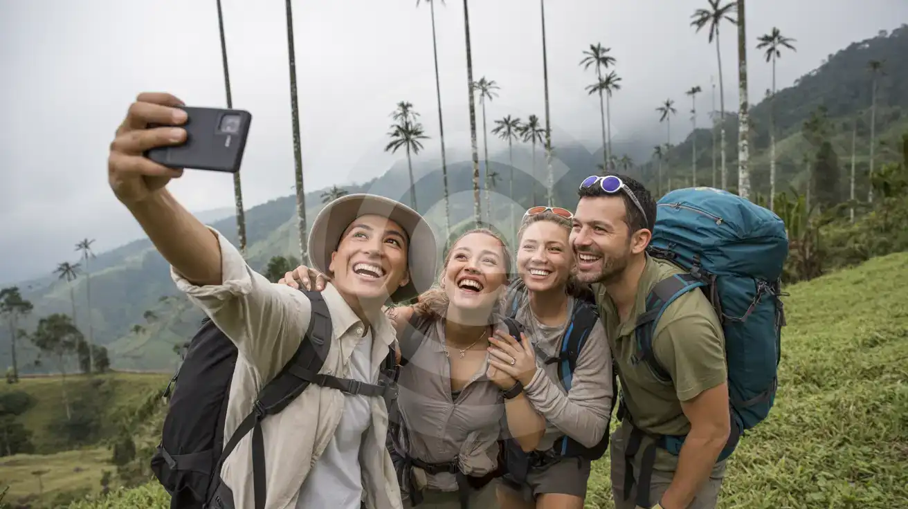 Three friends taking a group selfie with the towering wax palms of Valle de Cocora in Colombia's Coffee Triangle