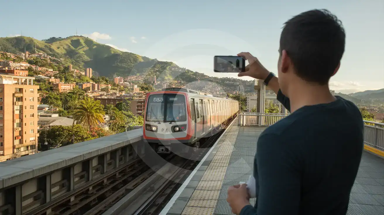 Metro van Medellín arriveert bij een verhoogd station met de uitlopers van de Andes op de achtergrond