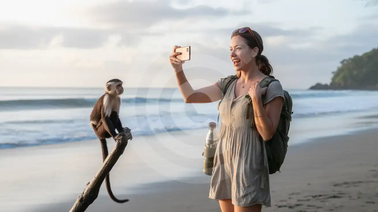 Solo female traveler photographing wildlife on Manuel Antonio beach in Costa Rica
