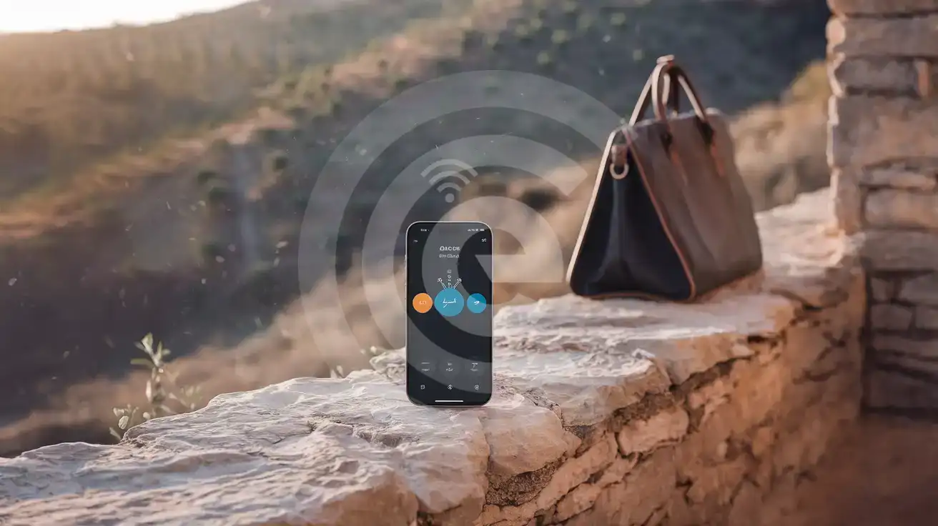 Smartphone showing active hotspot connection on a stone wall with Cypriot olive grove landscape