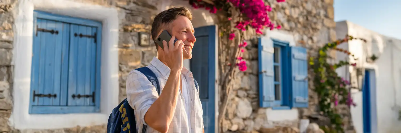 Traveler making a phone call outside a traditional Cypriot stone guesthouse with Mediterranean architecture and bougainvillea